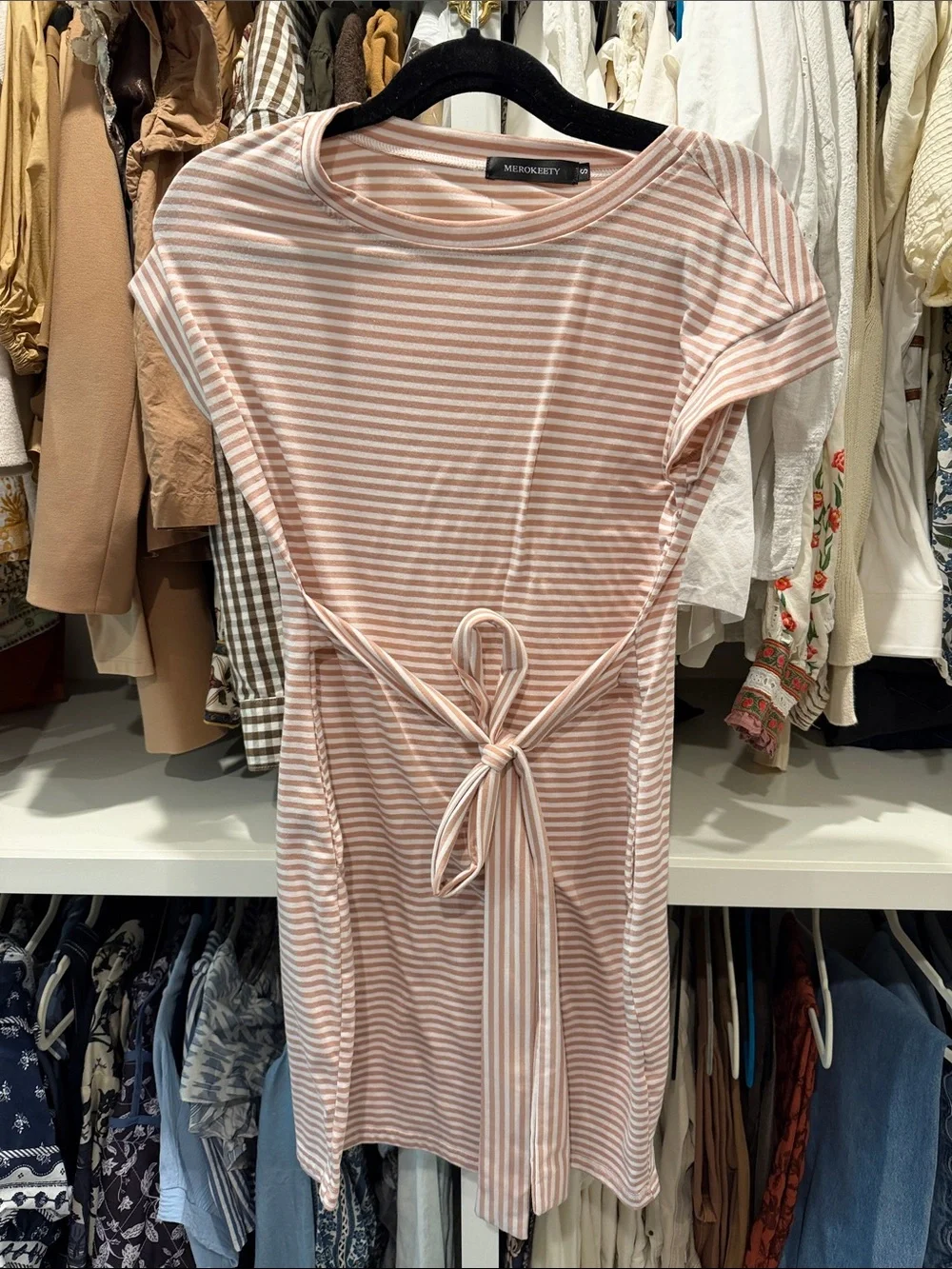 Striped Tie-Waist Tee Dress in Blush